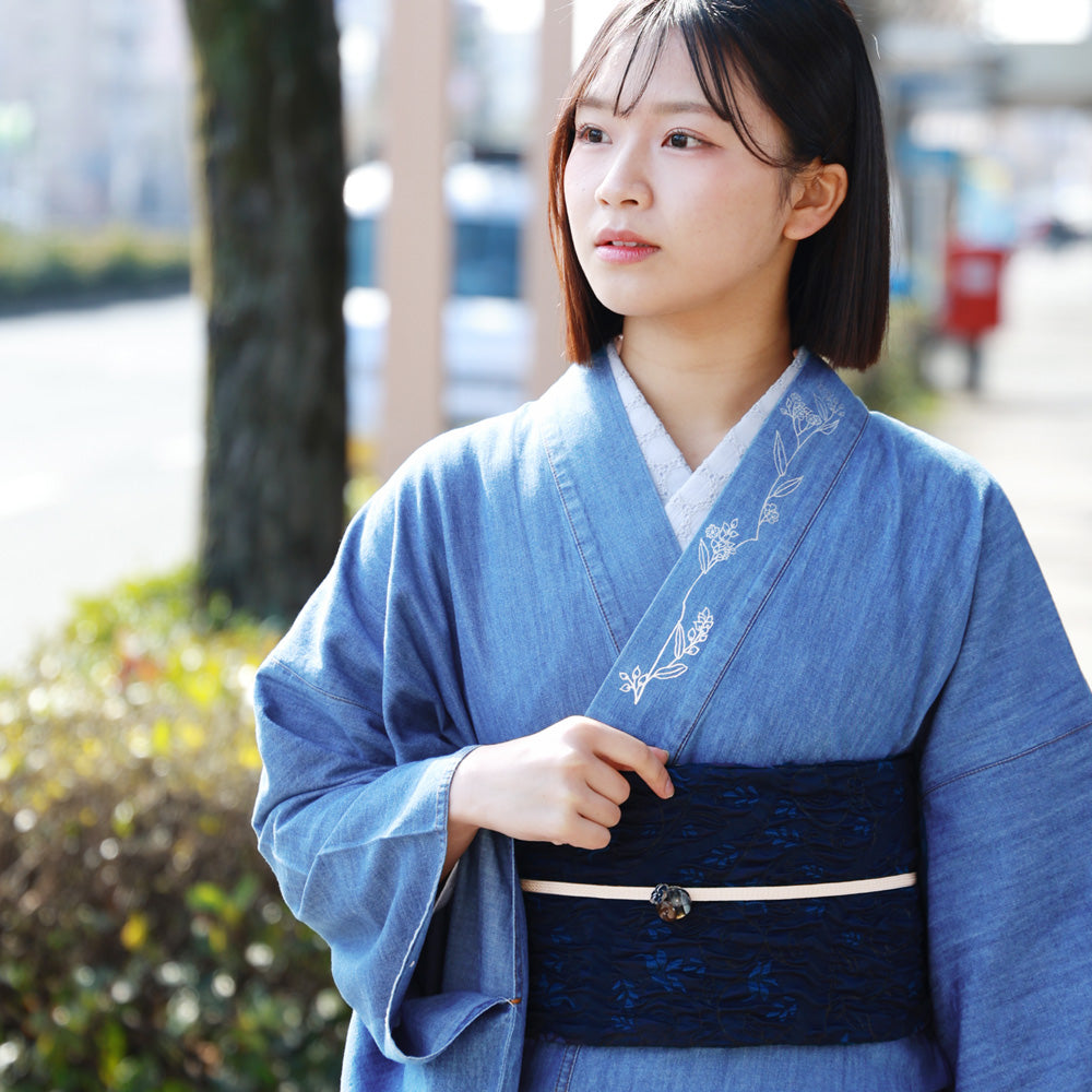 レディース 金彩 デニム 着物 新ブルー